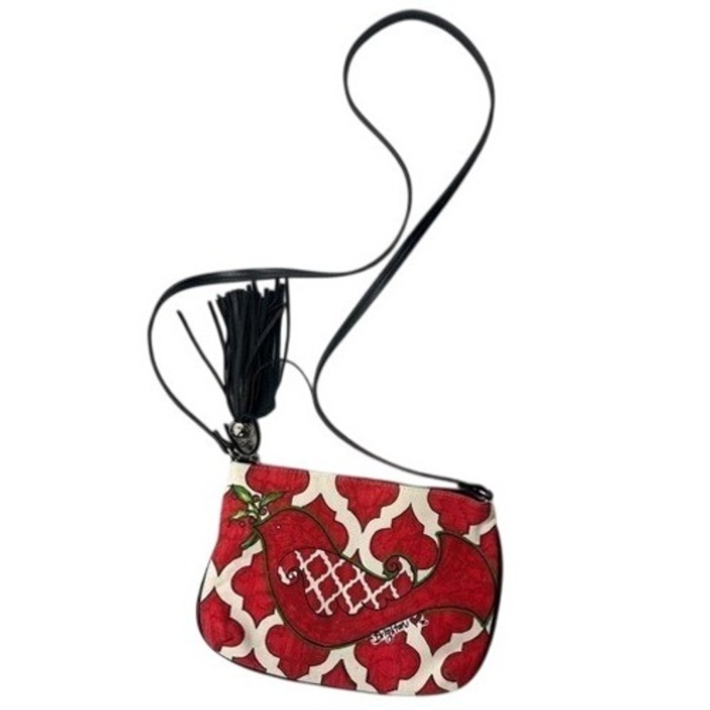 Brighton Bird Crossbody Bag Red Cream Canvas‎ Tassel Boho Whimsical Small Purse